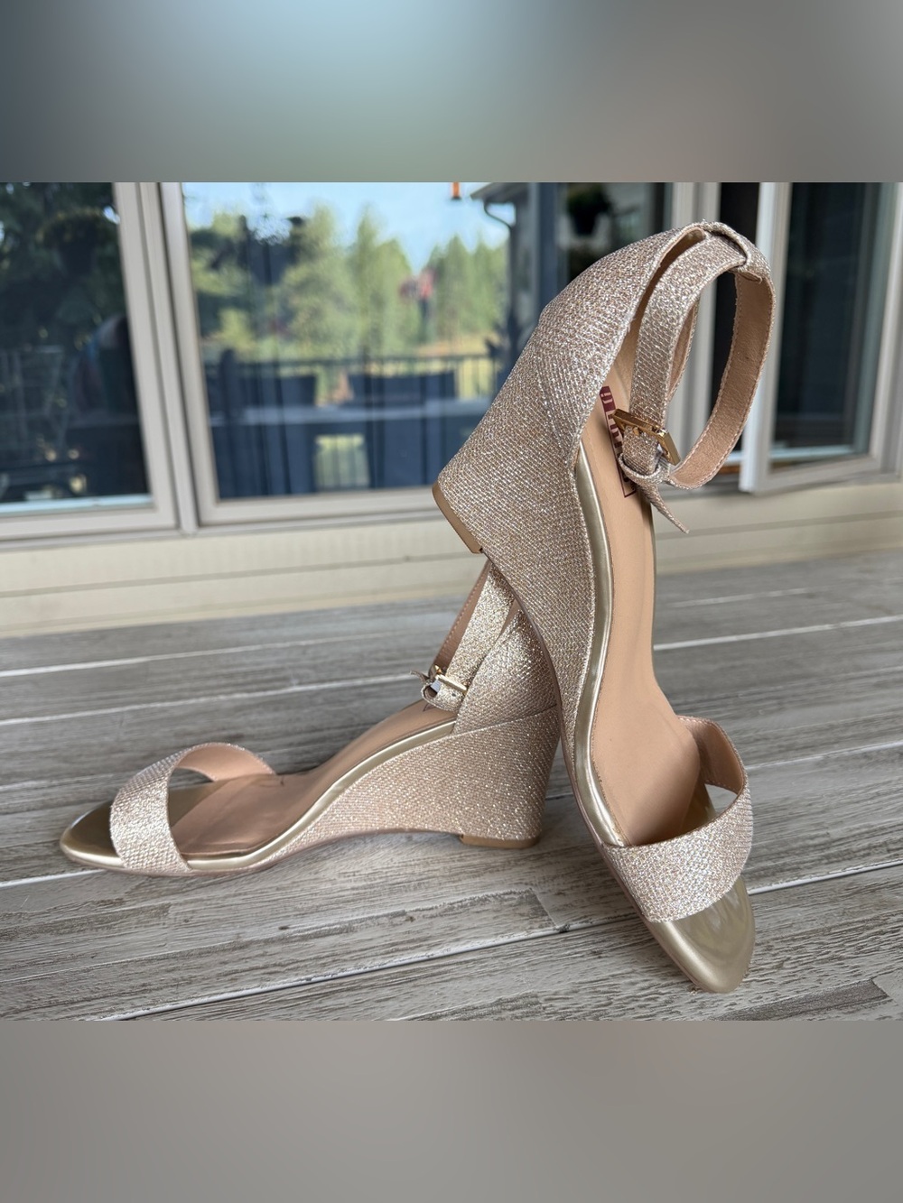 NWOT Didifu Champagne Gold Glitter Wedge Sandals Ankle Strap Wedding Prom Sz 9